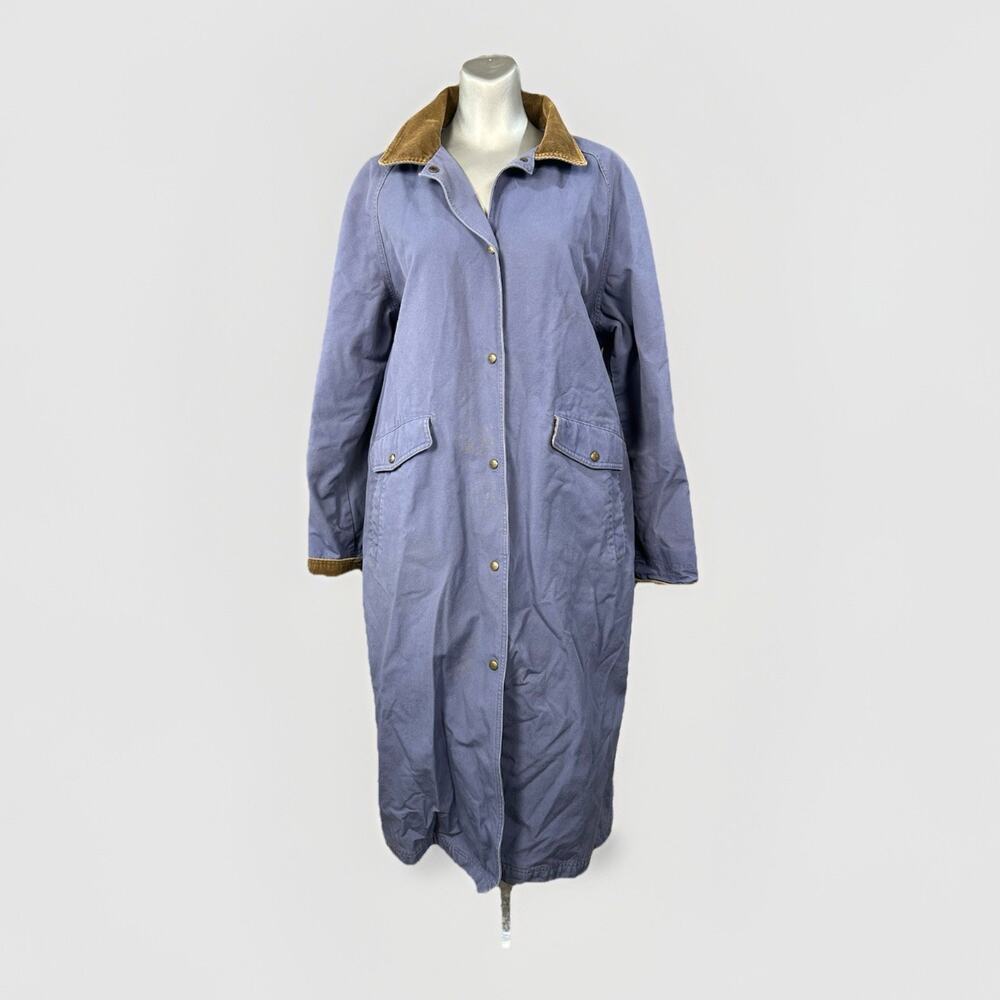 LL Bean Chore Duster Coat Womens Large Blue Canvas Barn Jacket Aztec Lined - Picture 2 of 14
